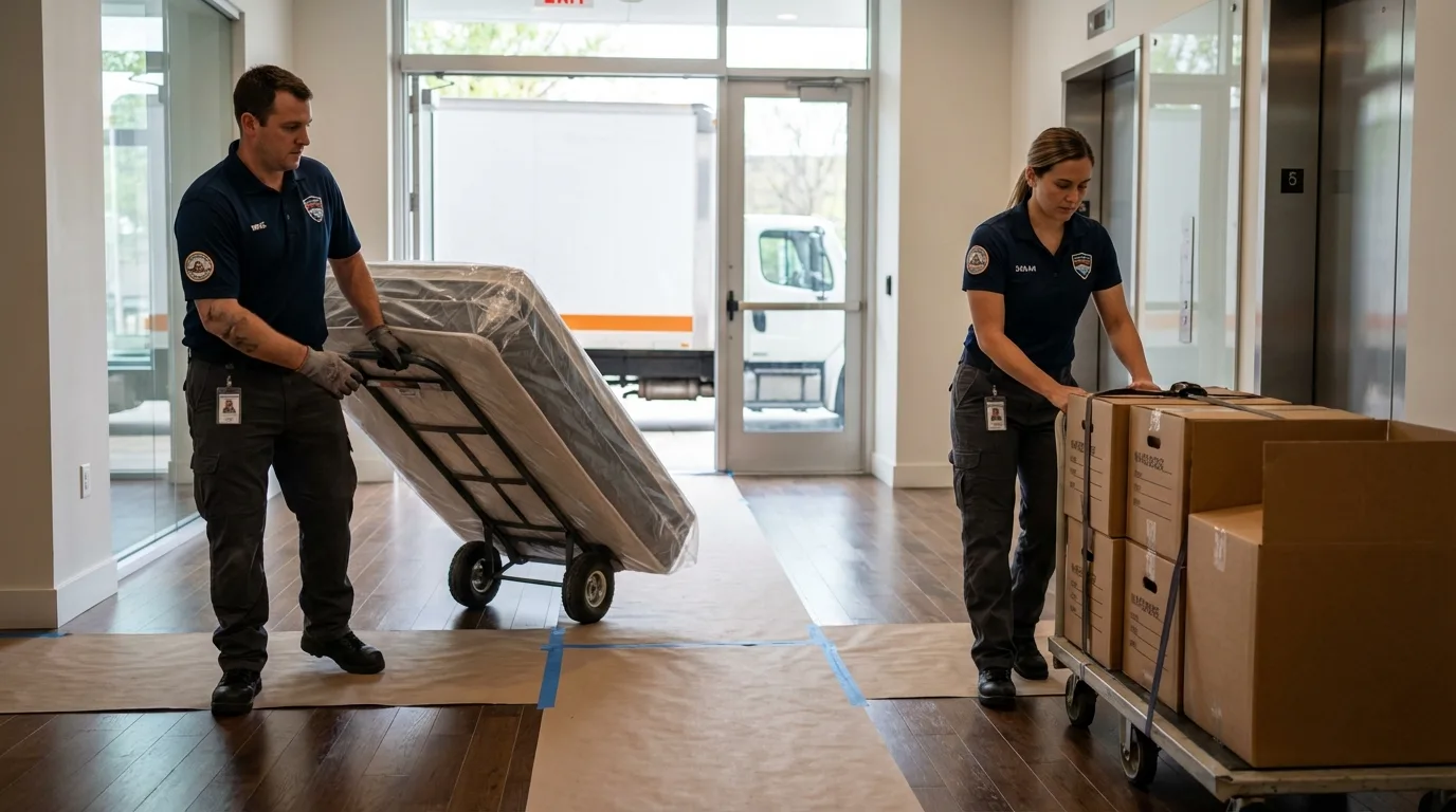 Professional apartment movers loading elevator in Milton, DE