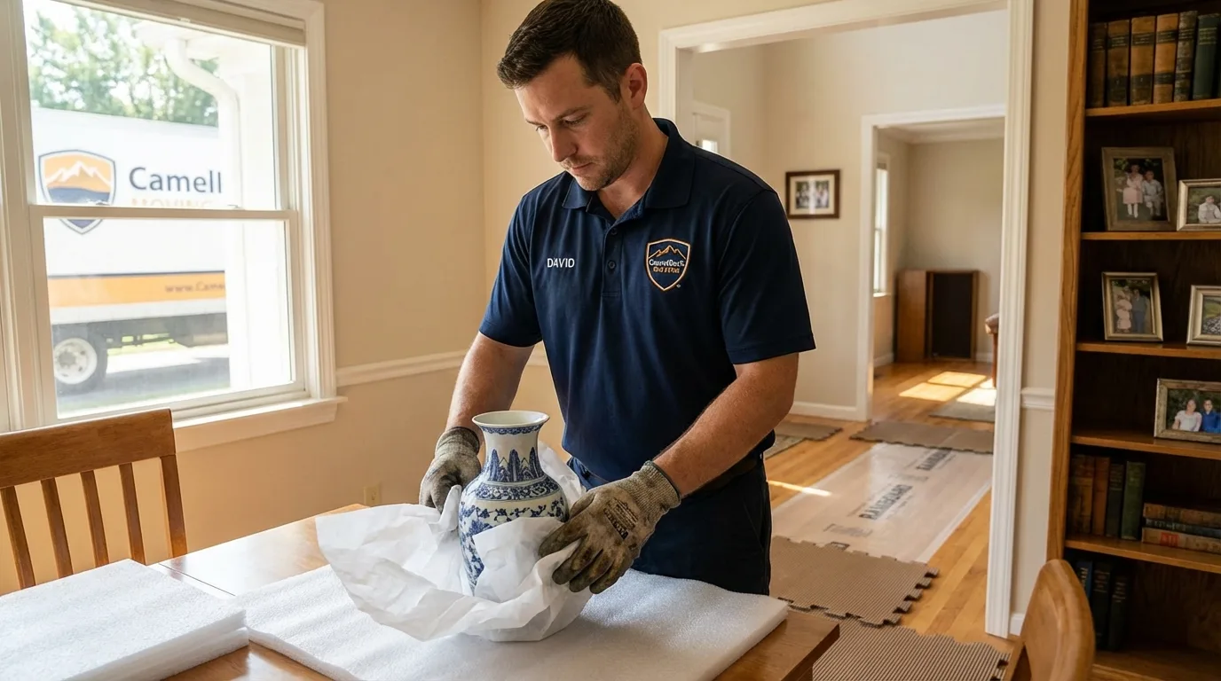 Professional crew carefully wrapping antique vase for senior downsizing move in Milton, DE